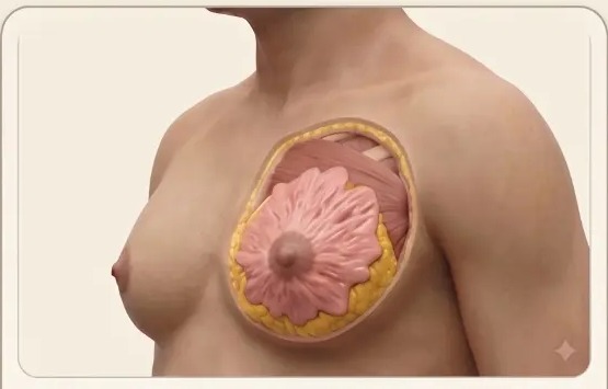 Anatomical illustration of true gynecomastia with an enlarged pink gland beneath the nipple
